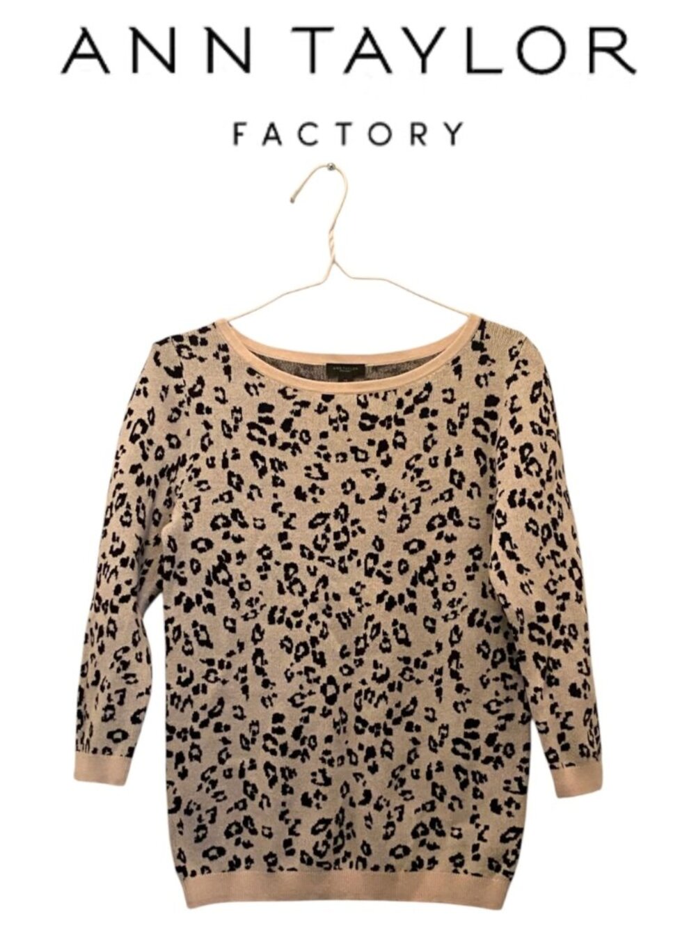 Ann Taylor Leopard Print 3/4 Sleeve Knit Pullover Sweater Top Sz XS